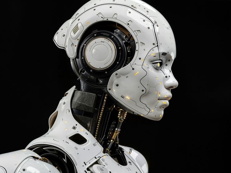 KI-generiertes Bild eines weißen Roboter-Kopfes, der zur Seite blickt